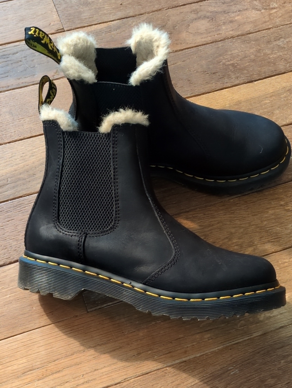 Dr. Martens Black Leather Chelsea Booties with Cream Fur Lining